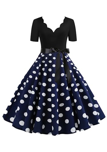 EFOFEI Damen Kleid 50er Jahre Kleider Dot Einfarbig Rockabilly Kleid Lange Ärmel Ballkleid Hepburn Cocktailkleid Blau XXL von EFOFEI