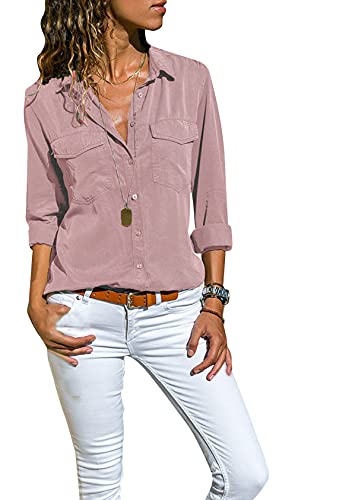 EFOFEI Damen Lange Ärmel Casual Tops Open Front Casual Shirt Hellrosa XL von EFOFEI