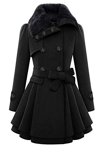 EFOFEI Damen Lange Wollmantel Wintermantel Taillierter Jacke mit Pelzkragen Frauen Trenchcoat mit Gürtel Elegant Schwarz XL von EFOFEI