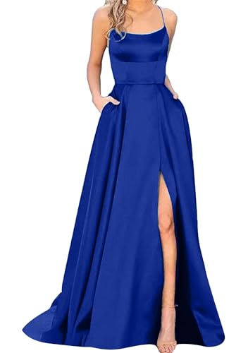 EFOFEI Damen Langer Seitenschlitz Kleider Elegant Rückenfrei A Line Satin Kleid Satin Seide Hohe Taille Langes Kleid Blau S von EFOFEI