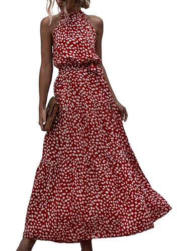EFOFEI Damen Langes Sonnenkleid Mit Gürtel Kleid Mit Fliege An Der Taille Party Boho Böhmisches Kleid Kleid Mit Hohem Halsausschnitt Punkt Rot XXL von EFOFEI