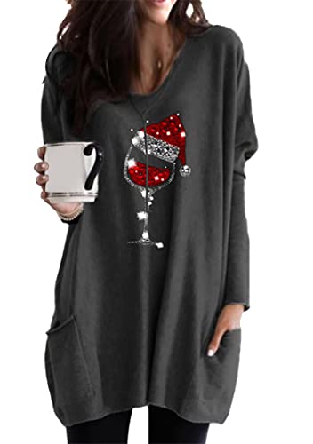 EFOFEI Damen Leichter Winter Base Pullover Sweatshirt mit Taschen auf beiden Seiten Lange Tunika Oversize Oberteile Langarm T-Shirt Weinglas Dunkelgrau XL von EFOFEI