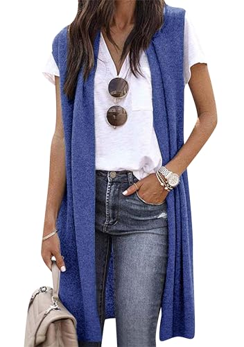 EFOFEI Damen Long Duster Top Mit Kragen Ärmelloser Cardigan Westen Mantel Einfache Elegante Lockere Weste Blau M von EFOFEI