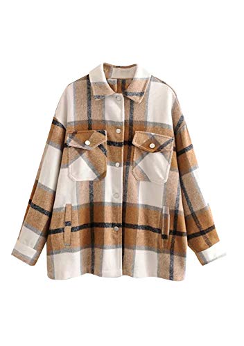 EFOFEI Damen Loose Casual Tunika Karierte Hemdjacke Holzfällerjacke Button-down Freizeit Blusenshirt Einfache Karierte Jacke Khaki M von EFOFEI