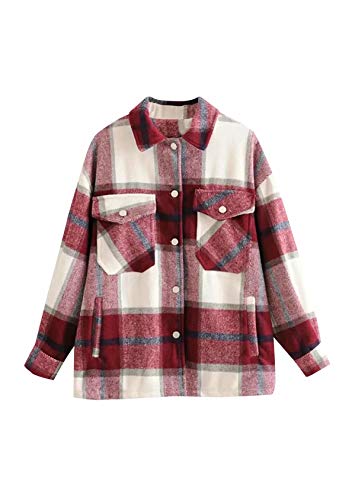 EFOFEI Damen Loose Casual Tunika Karierte Hemdjacke Holzfällerjacke Button-down Freizeit Blusenshirt Einfache Karierte Jacke Weinrot M von EFOFEI
