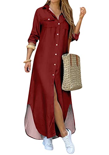 EFOFEI Damen Loose Fit Bluse Kleid Sommer Hemdkleid Casul Button Down Hemdkleid Baggy Loose Shift Kleid Reines Weinrot XXL von EFOFEI