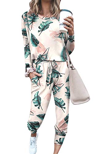 EFOFEI Damen Loose Fit Jogginganzug Langarm Pullover Und Kordelzughose Top Lange Hose Trainingsanzug Tracksuit Blätter M von EFOFEI