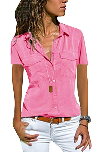 EFOFEI Damen Loose-Fit Utility Pocket Shirt Lässige Baumwolle Plus Size Tops Rosa S von EFOFEI