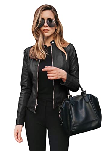 EFOFEI Damen Mäntel Mit Schmalem Revers Stylische Motorradjacke Lässiger Frühlings Und Herbstmantel Jacke Mit Reißverschlusstaschen Schwarz L von EFOFEI