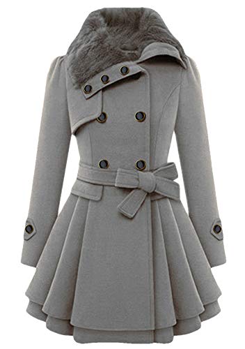 EFOFEI Damen Mantel Mit Faux Pelz Kragen Parka Herbstjacke Elegant Zweireihiger Trenchcoat Lang Mantel Übergangsjacke Dufflecoat Grau M von EFOFEI