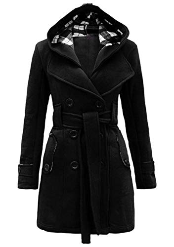 EFOFEI Damen Mantel Zweireiher Mit Kapuze Mantel Midi Wintermantel Schwarz L von EFOFEI