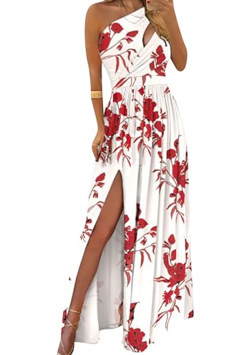 EFOFEI Damen Meerjungfrau High Split Cocktail Langes Kleid Ärmellos Abend Party Brautjungfer Kleid Stretchig One Shoulder Brautjungfernkleider Weiß Rot Blume L von EFOFEI