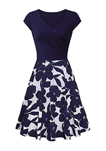 EFOFEI Damen Audrey Elegantes Cocktailkleid Hohe Taille Retro Sommerkleid Wickel Ausgestelltes Kleid Geblümt Marineblau S von EFOFEI