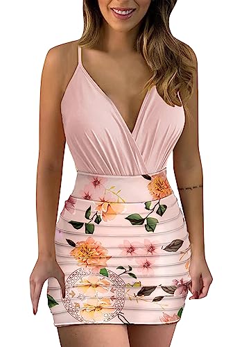 EFOFEI Damen Mini Club Partykleider Beach Holiday Partykleid Blume Print Cocktailkleid Apricot Blume XS von EFOFEI