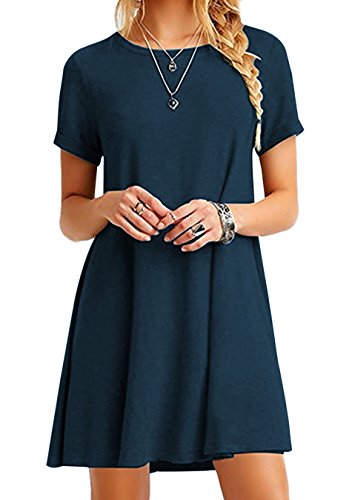 EFOFEI Damen Rundhals Mini Kleid Sommer Sundress Shirt Kleid Kurzarm Marineblau 2XL von EFOFEI