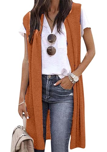 EFOFEI Damen Mittellange Camisole Strickjacke Einfarbige Lässige Strickjacke Ärmelloser Cardigan Westen Mantel Orange M von EFOFEI