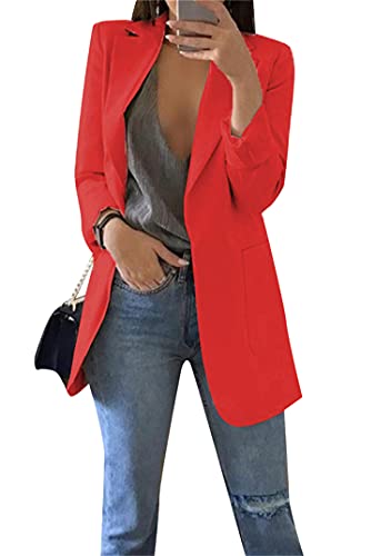 EFOFEI Damen Mittellanger Dünner Anzug Arbeitsanzug Mit Offenem Revers Sakko Cardigan Revers Geschäft Büro Blazer Einfarbig Slim Fit Jacke Rot XXL von EFOFEI