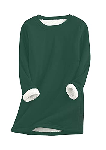 EFOFEI Damen Mode Fleece Pullover Rundhalsausschnitt Top Einfarbiger Pullover Flauschig Sweatshirt Grün 3XL von EFOFEI