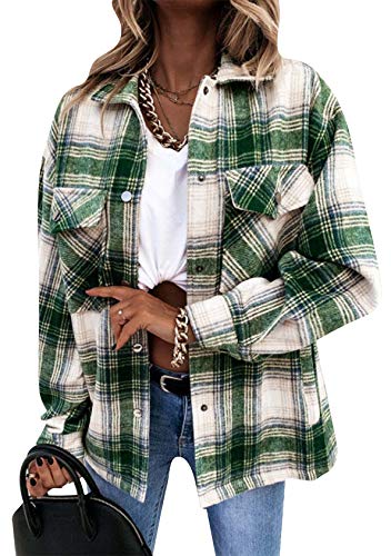 EFOFEI Damen Mode Leichte Hemd Jacke Button-down Freizeit Blusenshirt Turnup Checked Hemd Langarm Casual Karo Hemdbluse Grün L von EFOFEI