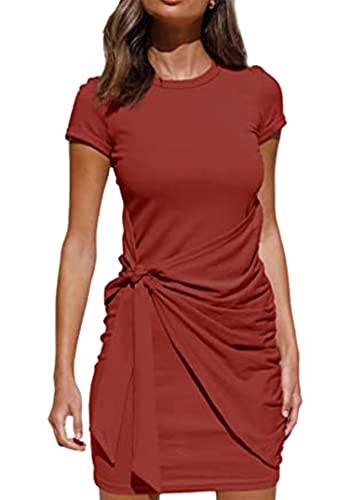EFOFEI Damen Mode schickes Strandkleid Figurbetontes Kleid mit Rundhalsausschnitt Schlankes Hüftkleid Figurbetontes Faltenkleid Rot M von EFOFEI
