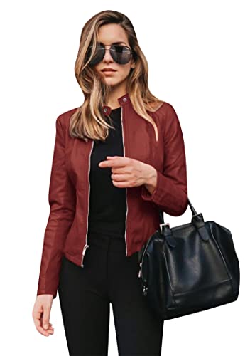 EFOFEI Damen Moto Biker Slim Fit Jacke Jacke Mit Reißverschlusstaschen Klassischer PU Kurzmantel Langarm Jacke Mit Stehkragen Weinrot S von EFOFEI
