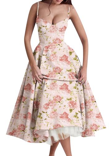 EFOFEI Damen Netz Swing Sommerkleid Korsett Party Kleider Halter Kleid mit Tasche Blumen Groß Rose L von EFOFEI