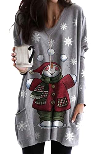 EFOFEI Damen Neujahrsgeschenk Sweater Langarmshirt mit Komisch Gedruckt Leichter Winter Pullover Top mit Weihnachtselchmuster Schneemann Grau XXL von EFOFEI