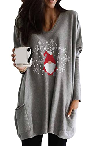 EFOFEI Damen Neujahrsgeschenk Sweater Winter Weihnachten Sweatshirt Langarm Tasche T-Shirt Weihnachts Cartoon Drucken Oberteil Weihnachtsmann Grau XXL von EFOFEI