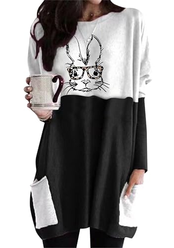 EFOFEI Mädchen Herbst Sweatshirt Sweatshirt mit Taschen auf beiden Seiten Schlankes Oberteil mit Langen Ärmeln Festliche Geschenk Party Shirt Hase Gläser Schwarz S von EFOFEI