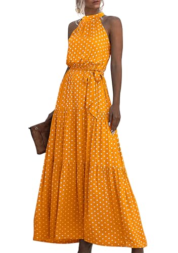 EFOFEI Damen Off Schulter Plus Size Kleid Sommer Neckholder Kleid A-Linie Plissierte Kleider Punkt Orange M von EFOFEI