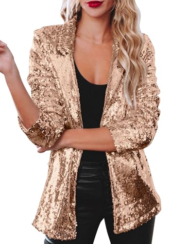 EFOFEI Damen Open Front Blazer Jacke Club Cocktail Jacke Outerwear Langarm Revers Jacke Rose Gold XXL von EFOFEI