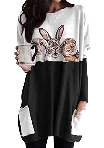 EFOFEI Damen Ostern Langarm Shirt Niedliches Hasen Pullover Shirt Herbst T Shirt Blusen mit Lockerem Wickelmuster Schwarz M von EFOFEI