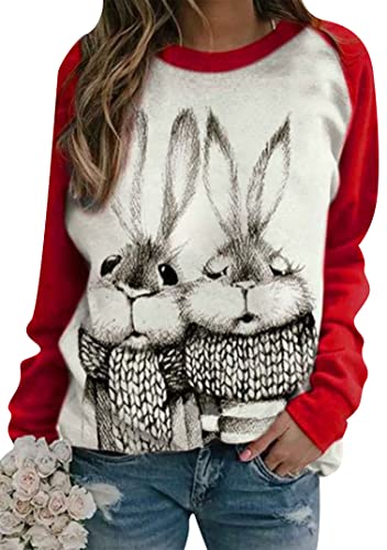 EFOFEI Damen Ostern übergroßer bedruckter Pullover Lässig Langarm Pullover Ostern Langarm Farbblock Shirt Zwei Hasen Rot M von EFOFEI