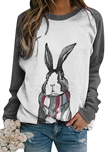 EFOFEI Damen Ostern übergroßer bedruckter Pullover lustiges Kaninchenmuster Shirt Ostern Langarmshirt Color Block Shirt Grau Schal M von EFOFEI