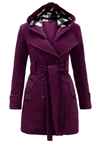EFOFEI Damen Outwear Mittellanger Mantel Zweireihiger Winter Trenchcoat Violett M von EFOFEI
