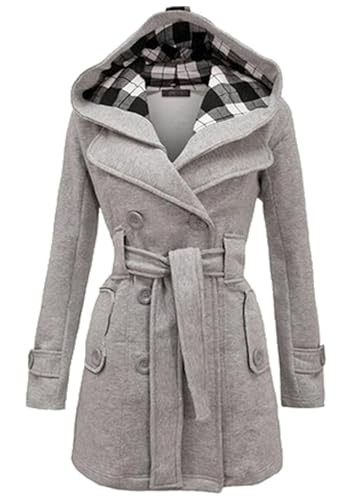 EFOFEI Damen Outwear Zweireihiger Trenchcoat Mittellanger Warm Hood Mantel Hellgrau S von EFOFEI