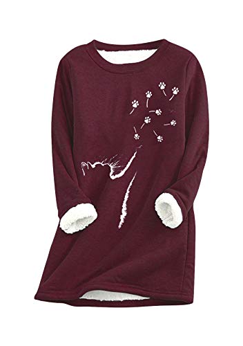 EFOFEI Damen Oversize Bedrucktes Oberteil Tops Fleece Warmes Pullover Warmes Oberteil mit Herzform Katzendruck Plus Fleeceoberteil L von EFOFEI