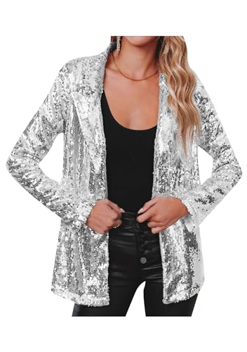 EFOFEI Damen Pailletten Glänzende Leichte Jacken Langarm Offene Front Strickjacke Lässig Langarm Glitzernde Strickjacke Silber M von EFOFEI
