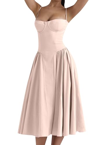 EFOFEI Damen Palaststil Sonnenkleid Strand Ärmellos Kleider Quadrhals Fließende Kleider Hellrosa M von EFOFEI