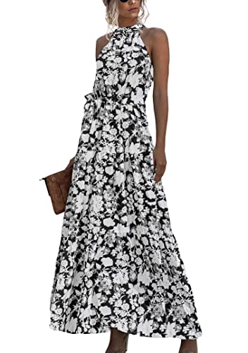 EFOFEI Damen Party Boho Böhmisches Kleid Kleid Mit Fliege An Der Taille Gepunktes Langes Kleid Partykleid Cocktailkleid Strandkleid Blume Schwarz XL von EFOFEI