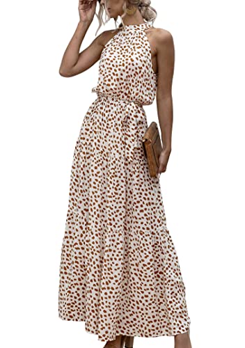 EFOFEI Damen Party Boho Böhmisches Kleid Kleid Mit Hohem Halsausschnitt Business Casual Kleid Bodenlang Volant Maxikleid Punkt Beige L von EFOFEI