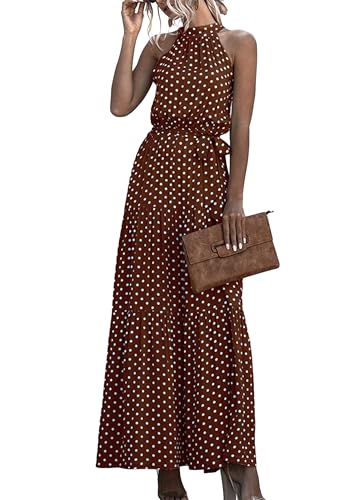 EFOFEI Damen Schulterfreies Elegantes Kleid Einfarbiges Swing Kleid Business Casual Kleid Boho Floral Fließendes Kleid Punkt Braun M von EFOFEI