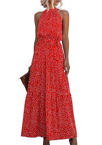 EFOFEI Damen Partykleid Cocktailkleid Strandkleid Strandurlaub Hochzeitskleid Ärmelloses Langes Sommerkleid Kleid Mit Fliege An Der Taille Punkt Orange Rot M von EFOFEI