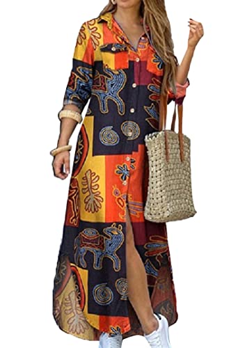 EFOFEI Damen Patchwork Camouflage Print Kleid Strandkleid Sexy Kleid Unregelmäßiges Saum Langes Kleid Lässige Maxi Revers Kleide Gelb XL von EFOFEI