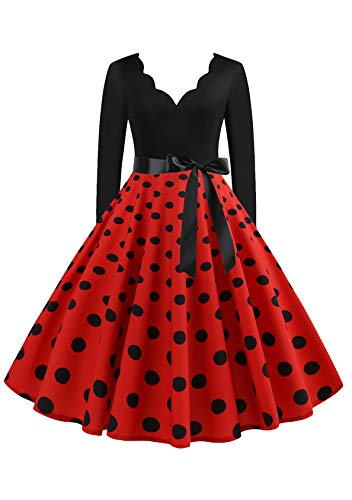 EFOFEI Damen Petticoat Lange Ärmel Ballkleid Cocktail Partykleid Polka Dot Vintage Retro Kleid rot 3XL von EFOFEI