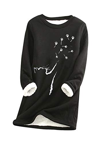 EFOFEI Damen Plüsch Pullover Winter Warm Top Einfarbig Langarm Sweater Weihnachten Gedruckt Sweater Gr. 50, Mj-Black von EFOFEI