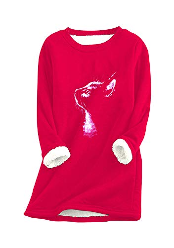 EFOFEI Damen Plus Dicker Samt Langarmshirt Oversize Bedrucktes Oberteil Shirts Gefüttert Plus Fleecehemd Winter Warme Pullover Rot S von EFOFEI