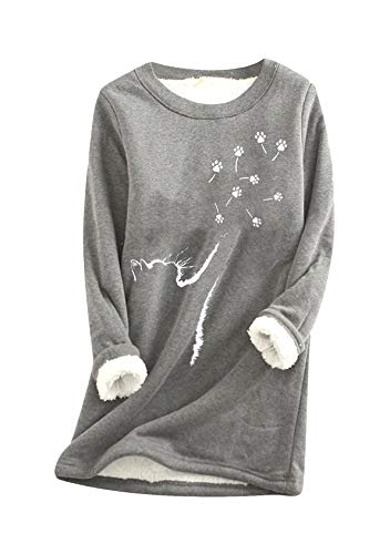 EFOFEI Frauen Rundhalsausschnitt Weiche Loungewear Winter Warm Verdickte Pullover Lässig Katze Muster Pullover Langarm O-Ausschnitt Pullover Pfote Dunkelgrau S von EFOFEI