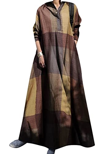 EFOFEI Damen Plus Size Fließende Maxikleider Herbst Vintage Retro Kleid mit Taschen Maxi Baumwolle Leinen Bequemes Kleid Gelb Kariert XXL von EFOFEI