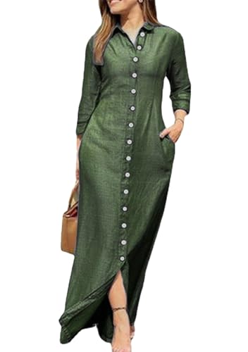 EFOFEI Damen Plus Size Fließendes Maxikleid Vintage Langes Kleid Kaftan Mit Taschen Lässige Lose Maxikleider Kariert Grün M von EFOFEI